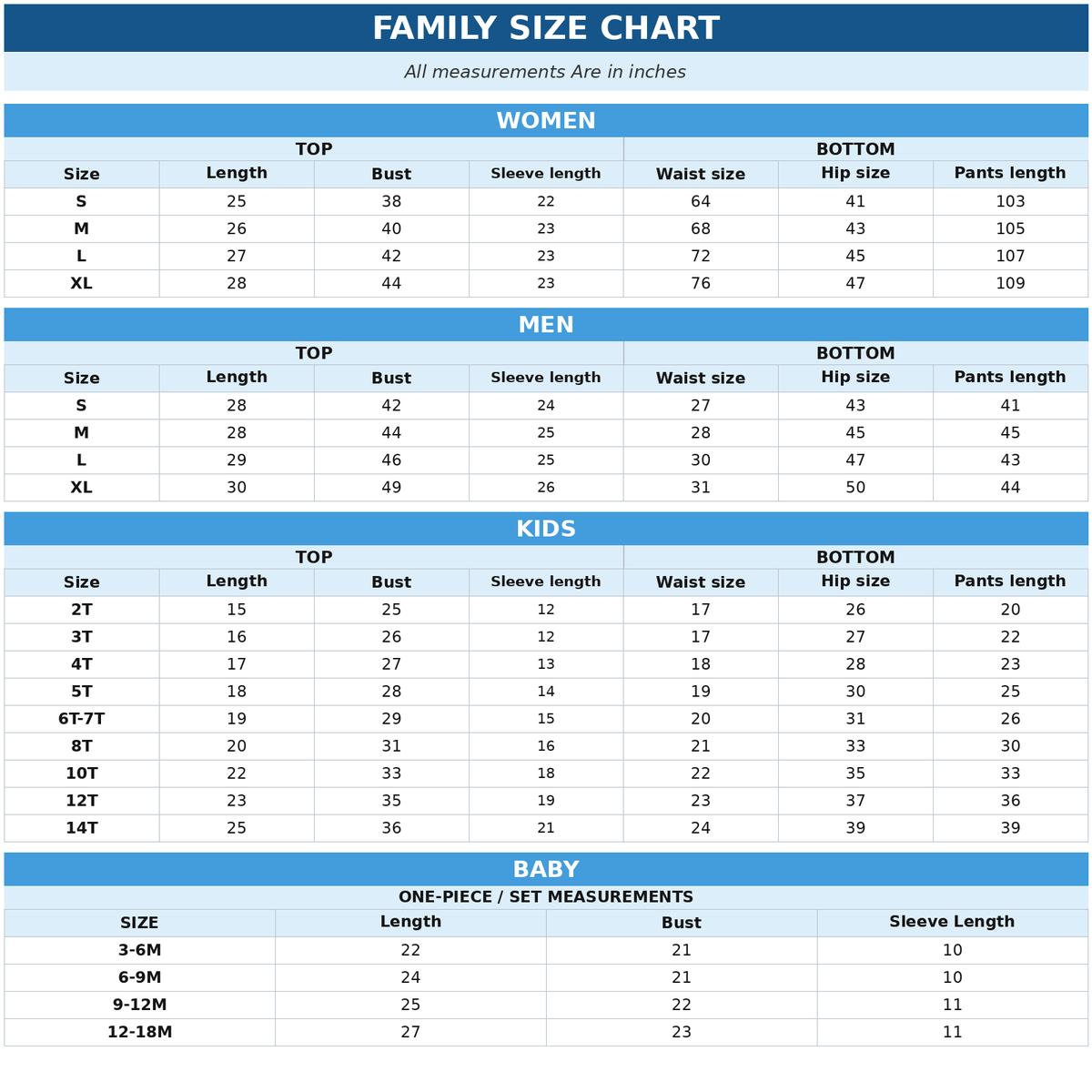 Size Chart Inch