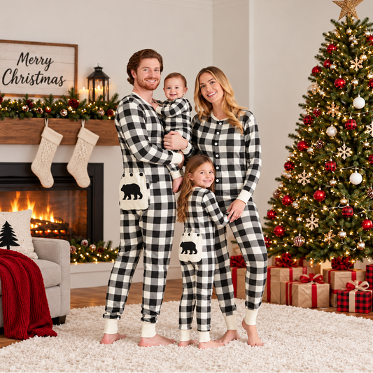 Cream and Black Plaid Family Matching Christmas Jumpsuits
