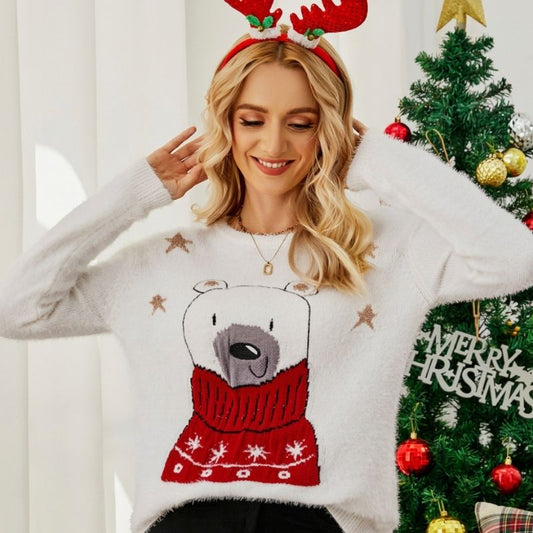 Cute Bear Graphic Winter Christmas Sweater