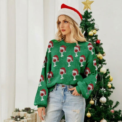 Festive Santa Wine Glass Knit Sweater Christmas Sweater
