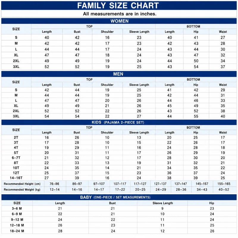 Size Chart Inch