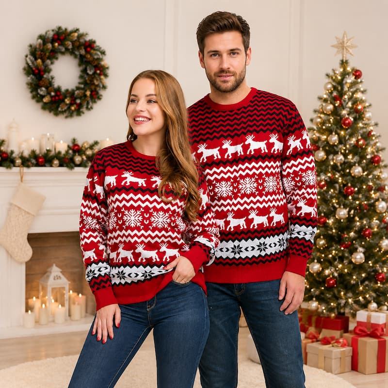 Red Snowflake Reindeer Christmas Sweater