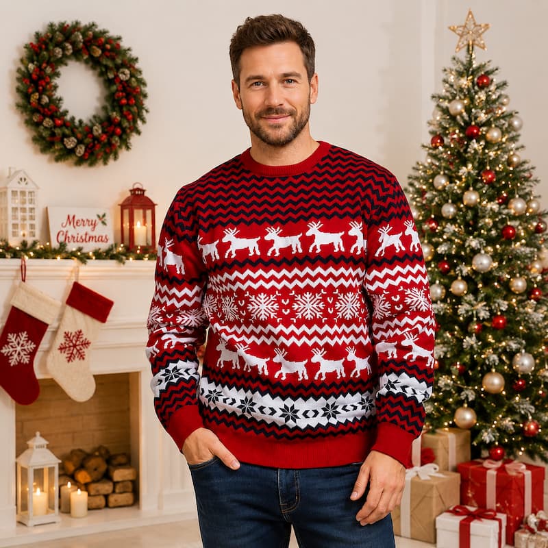 Red Snowflake Reindeer Christmas Sweater
