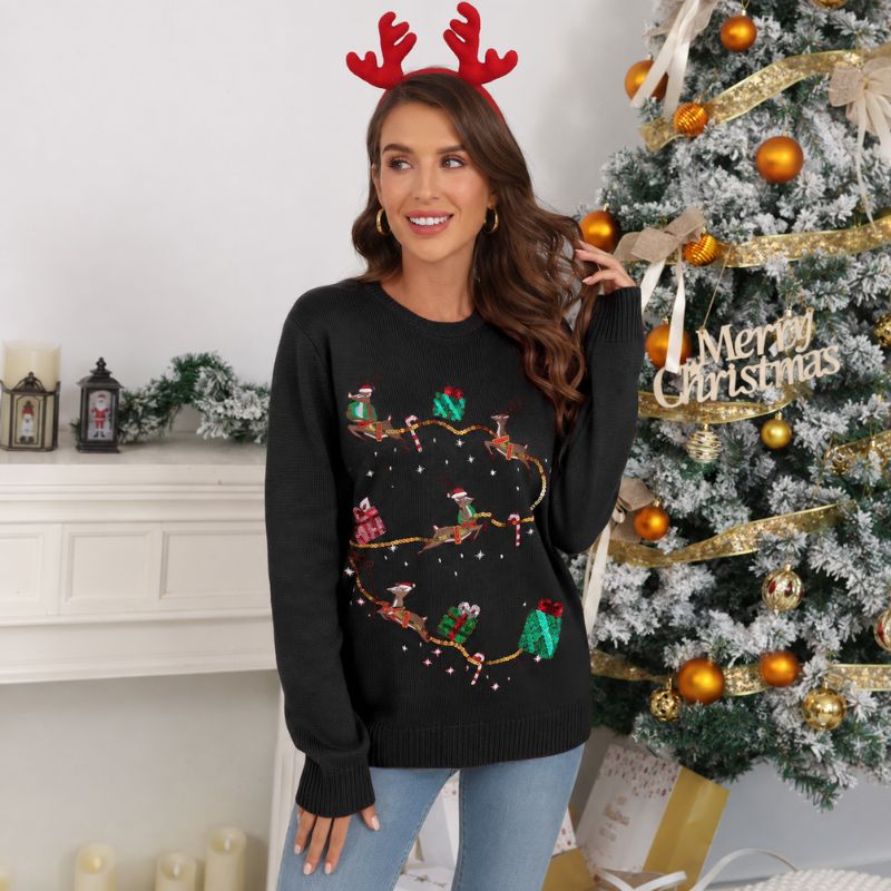 Women's Reindeer Sleigh and Gift Christmas Sweater
