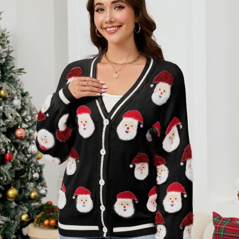Santa Graphic Button-Up Christmas Sweater