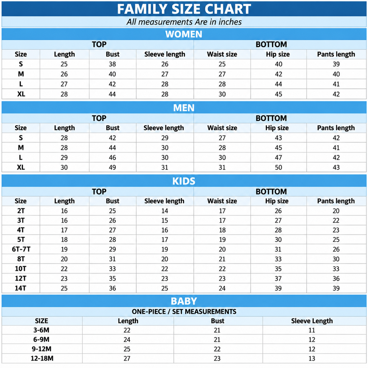 Size Chart Inch