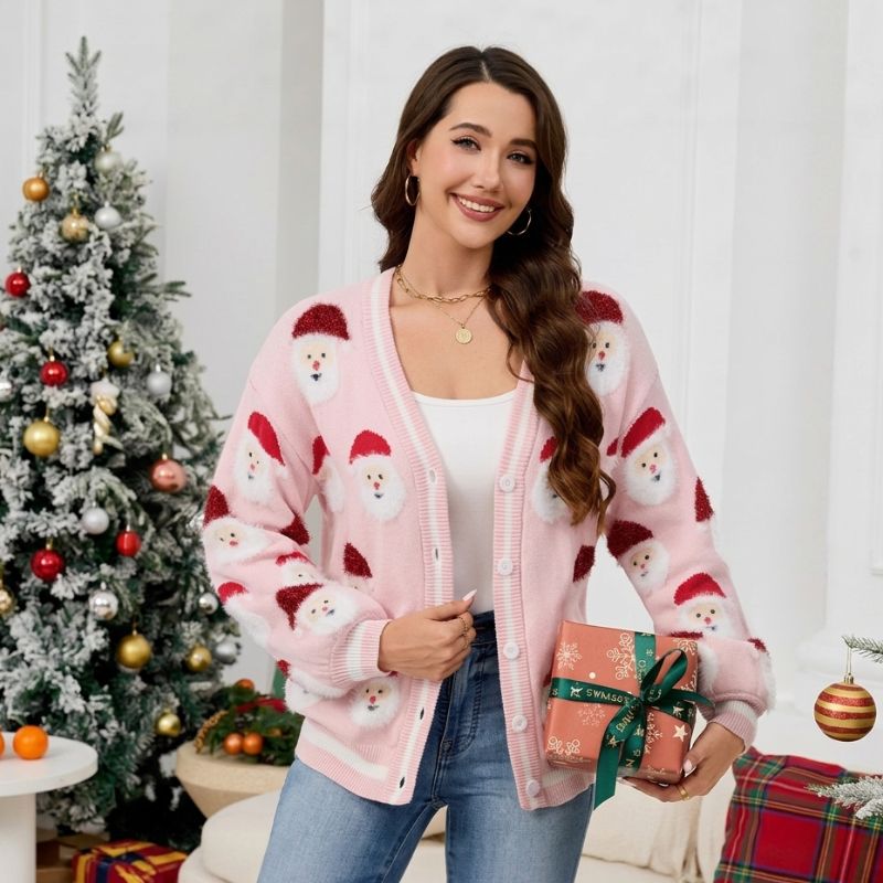 Santa Graphic Button-Up Christmas Sweater