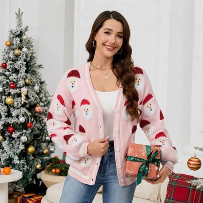 Santa Graphic Button-Up Christmas Sweater
