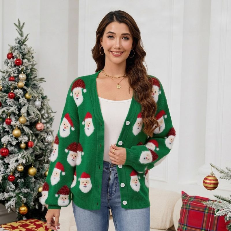 Santa Graphic Button-Up Christmas Sweater