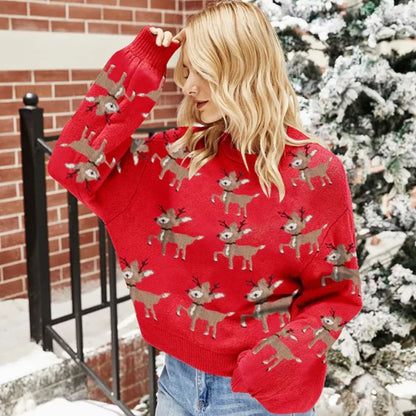 Women's Reindeer Print Crew Neck Christmas Sweater