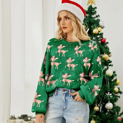 Women's Reindeer Print Crew Neck Christmas Sweater